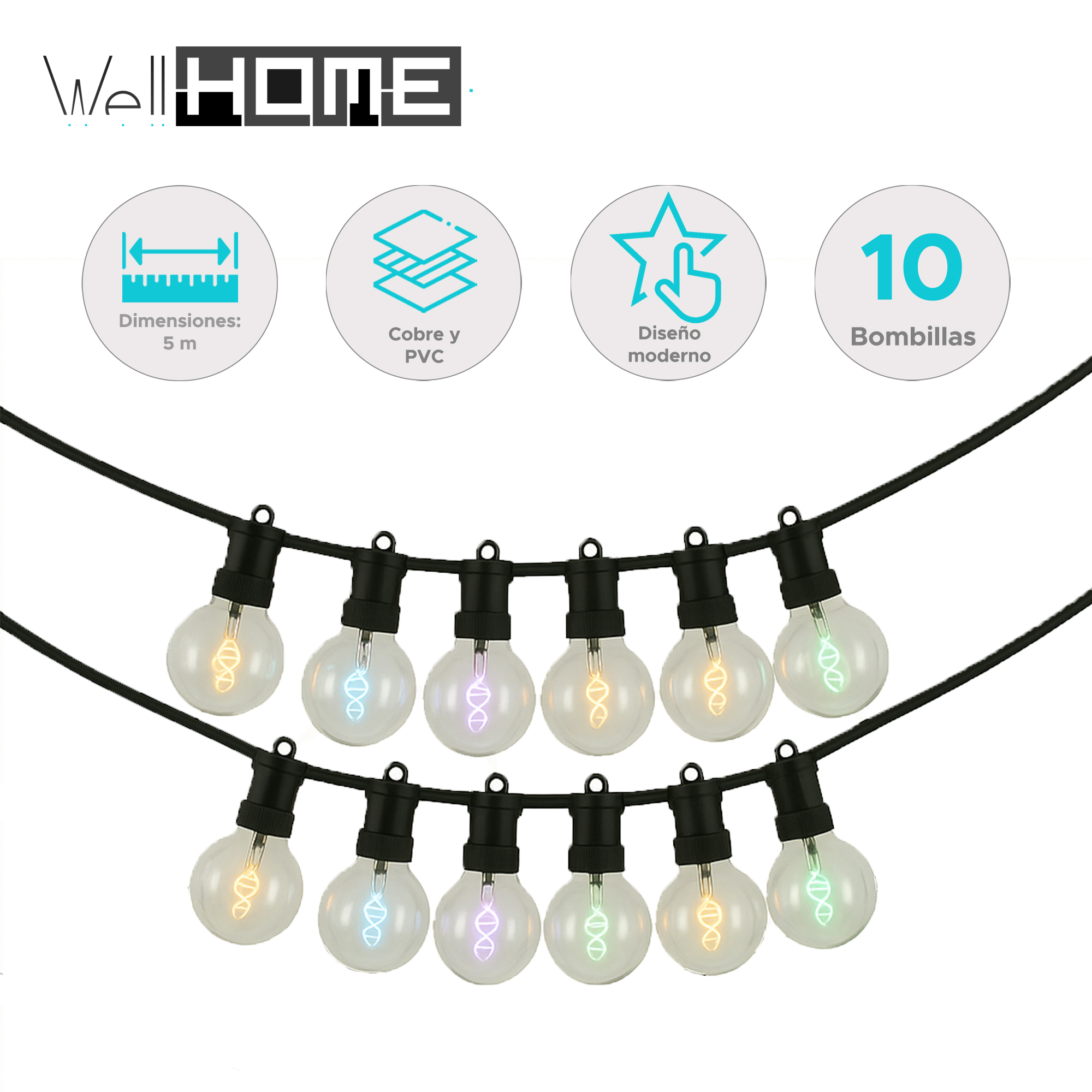 Guirnalda de luces con 10 bombillas. Las bombillas son transparentes y tienen diseños internos coloridos. El cable es negro. El fondo es blanco.