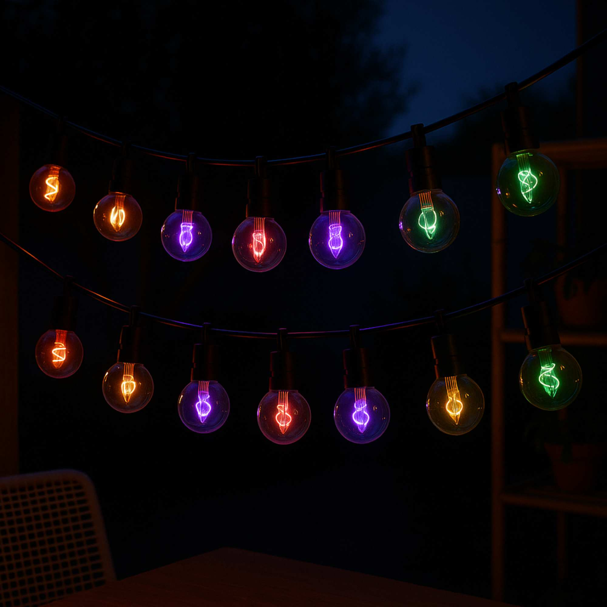 Cadena de bombillas multicolores brillantes contra un cielo nocturno oscuro, con una mesa y una silla en primer plano.