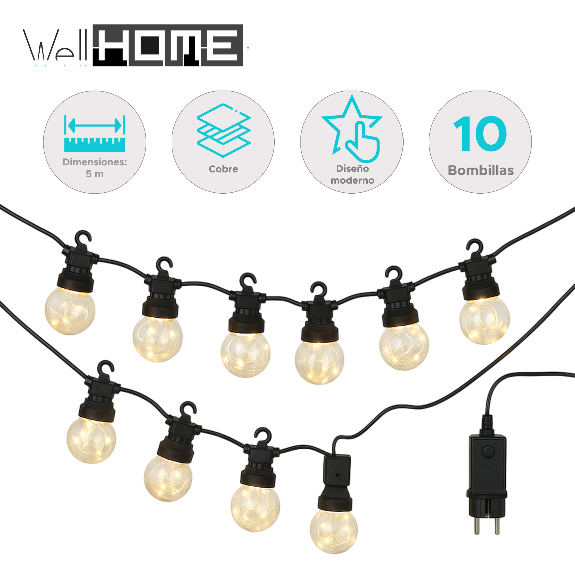 Luces de cadena con 10 bombillas. Cable negro con bombillas transparentes. Iconos de información: 5 m, cobre, diseño moderno y 10 bombillas.