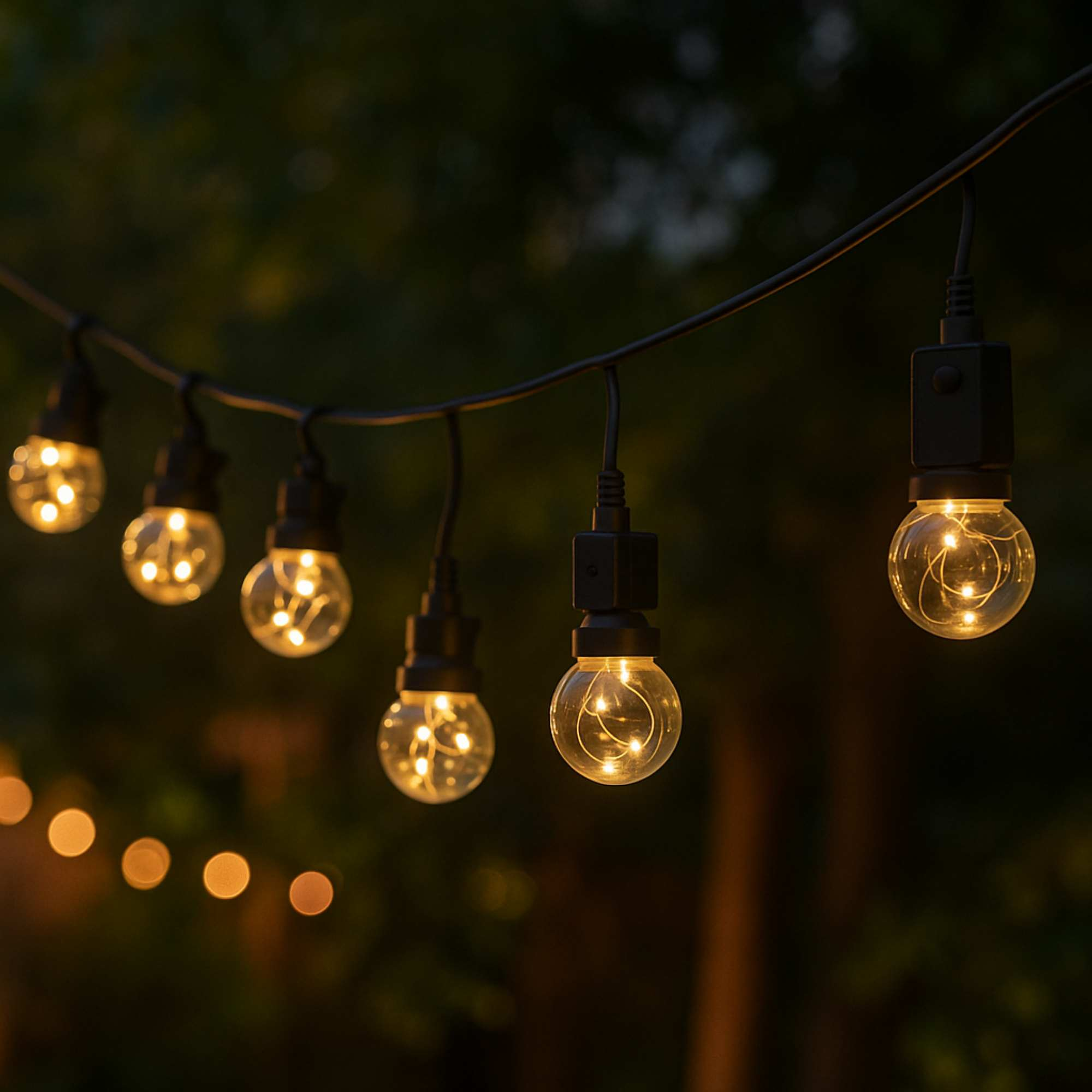 Luces de cadena colgando en un entorno oscuro al aire libre. Las bombillas están encendidas, con el fondo oscuro de los árboles.