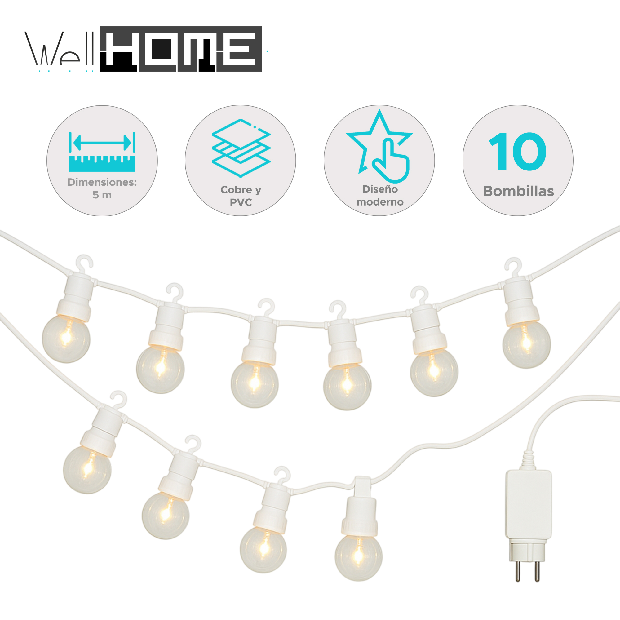 Guirnalda de luces blanca con 10 bombillas. Características: 5m de largo, cobre y PVC, diseño moderno.