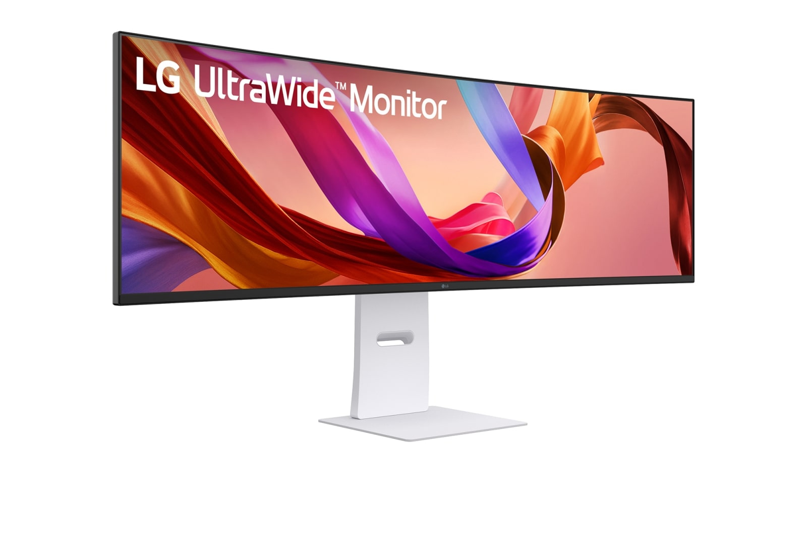 Monitor LG UltraWide. Ekran wyświetla kolorowe, abstrakcyjne wiry na różowym tle. Monitor ma białą podstawę.