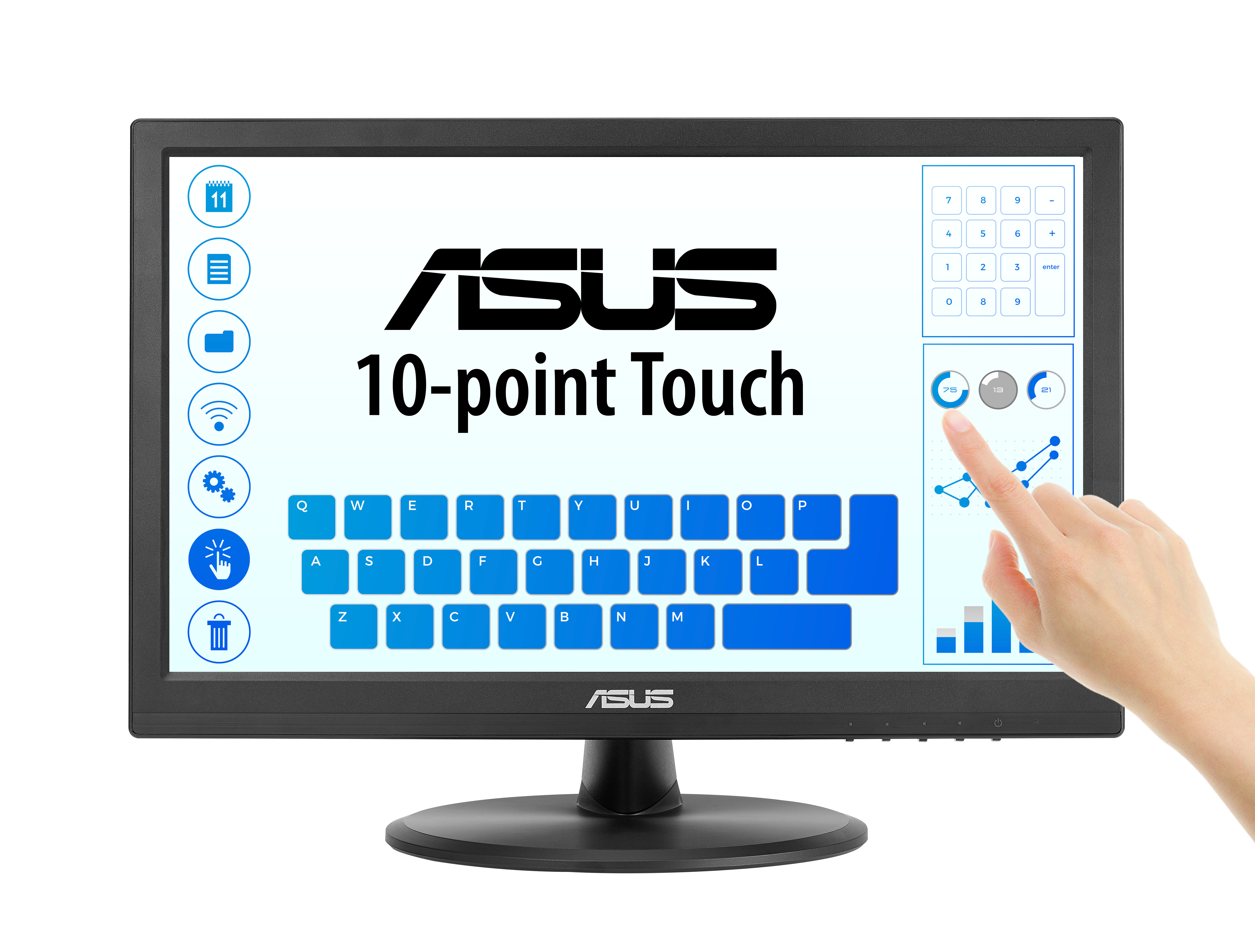Ein ASUS-Monitor zeigt eine Touchscreen-Oberfläche. Eine Hand interagiert mit dem Bildschirm. Tastatur und Nummernblock sind sichtbar.