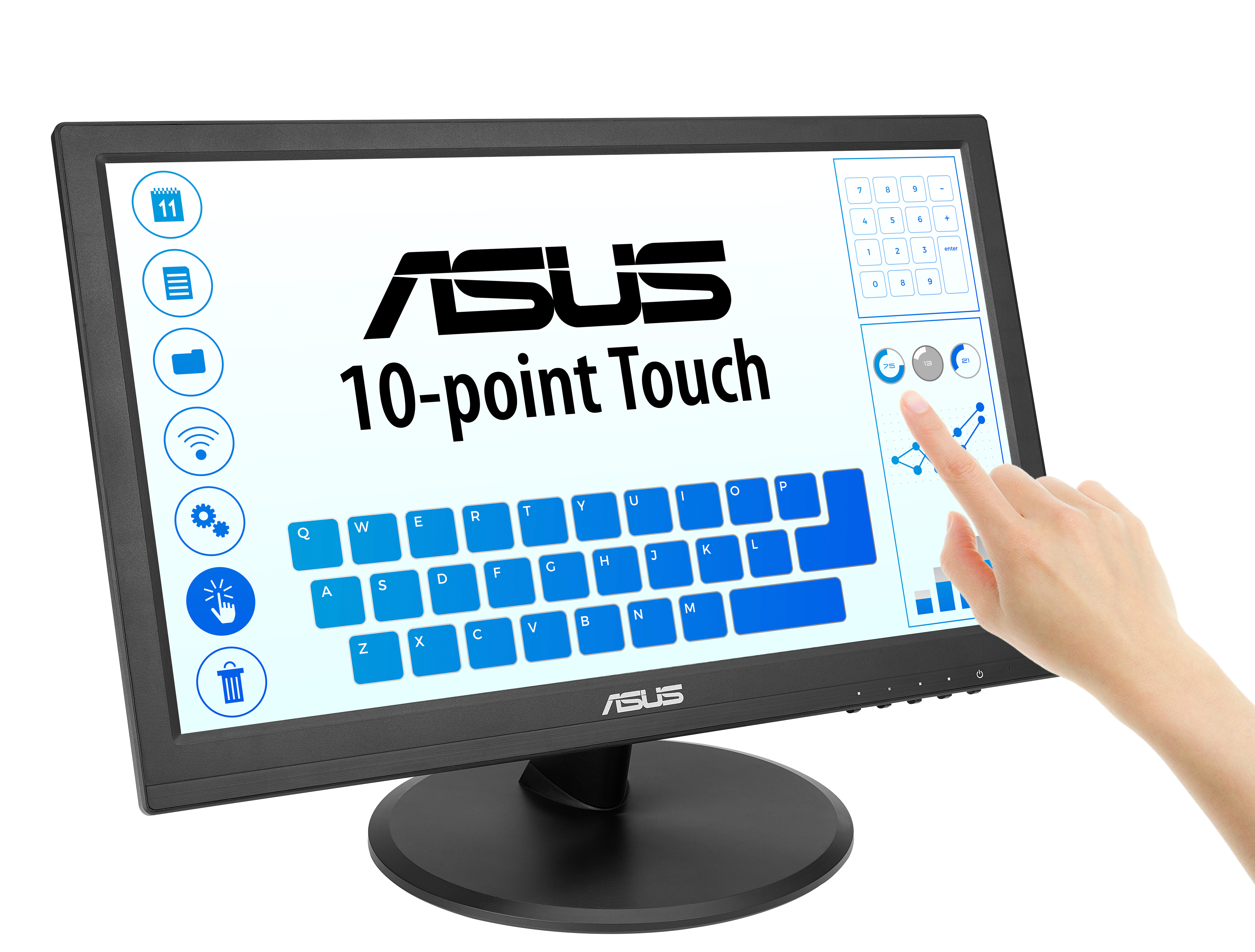 ASUS 10-Punkt-Touchscreen-Monitor. Eine Hand berührt den Bildschirm. Das Display zeigt eine Tastatur und andere Symbole.