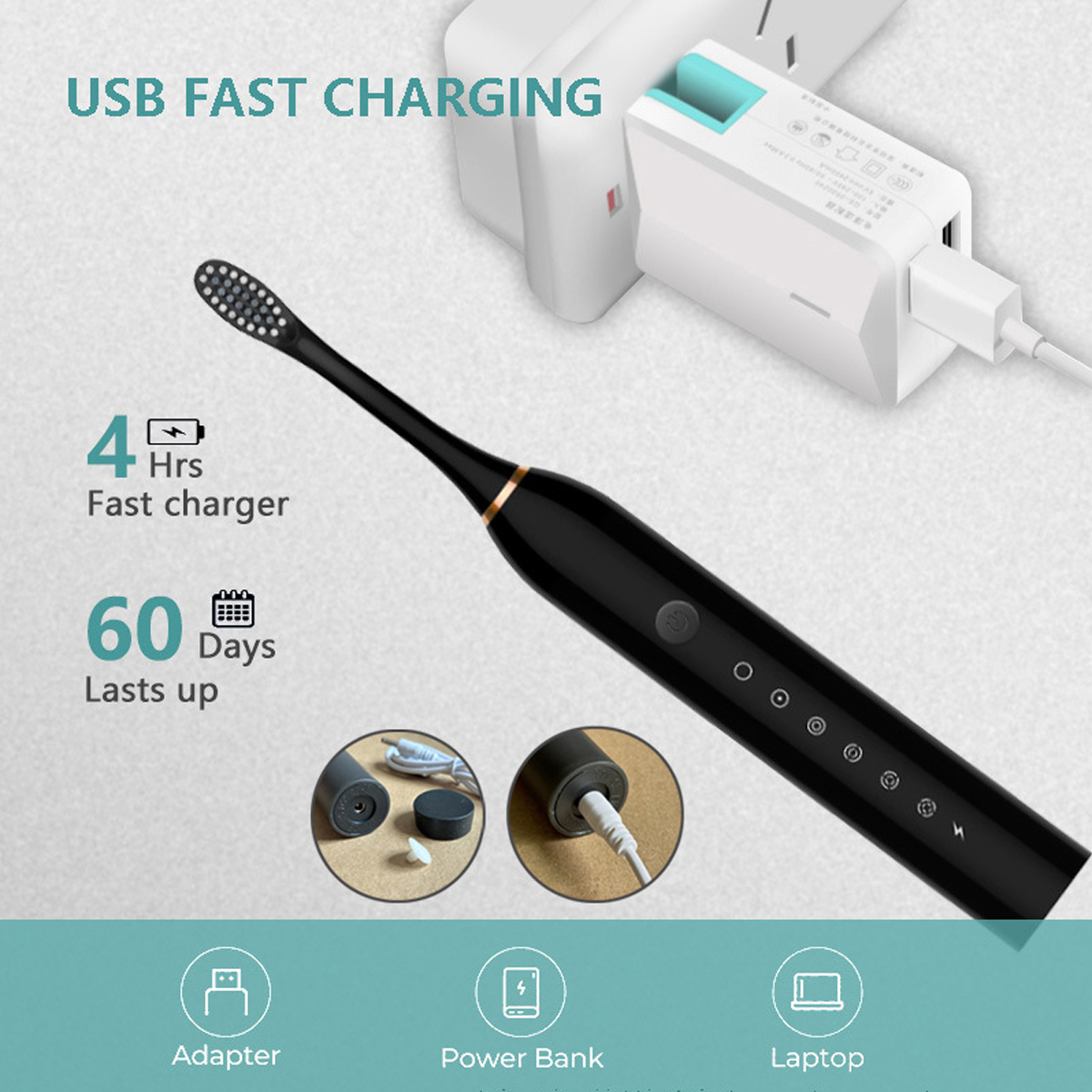 Schwarze elektrische Zahnbürste mit Ladestation, Adapter und Powerbank. Text erwähnt schnelles Aufladen und lange Akkulaufzeit.