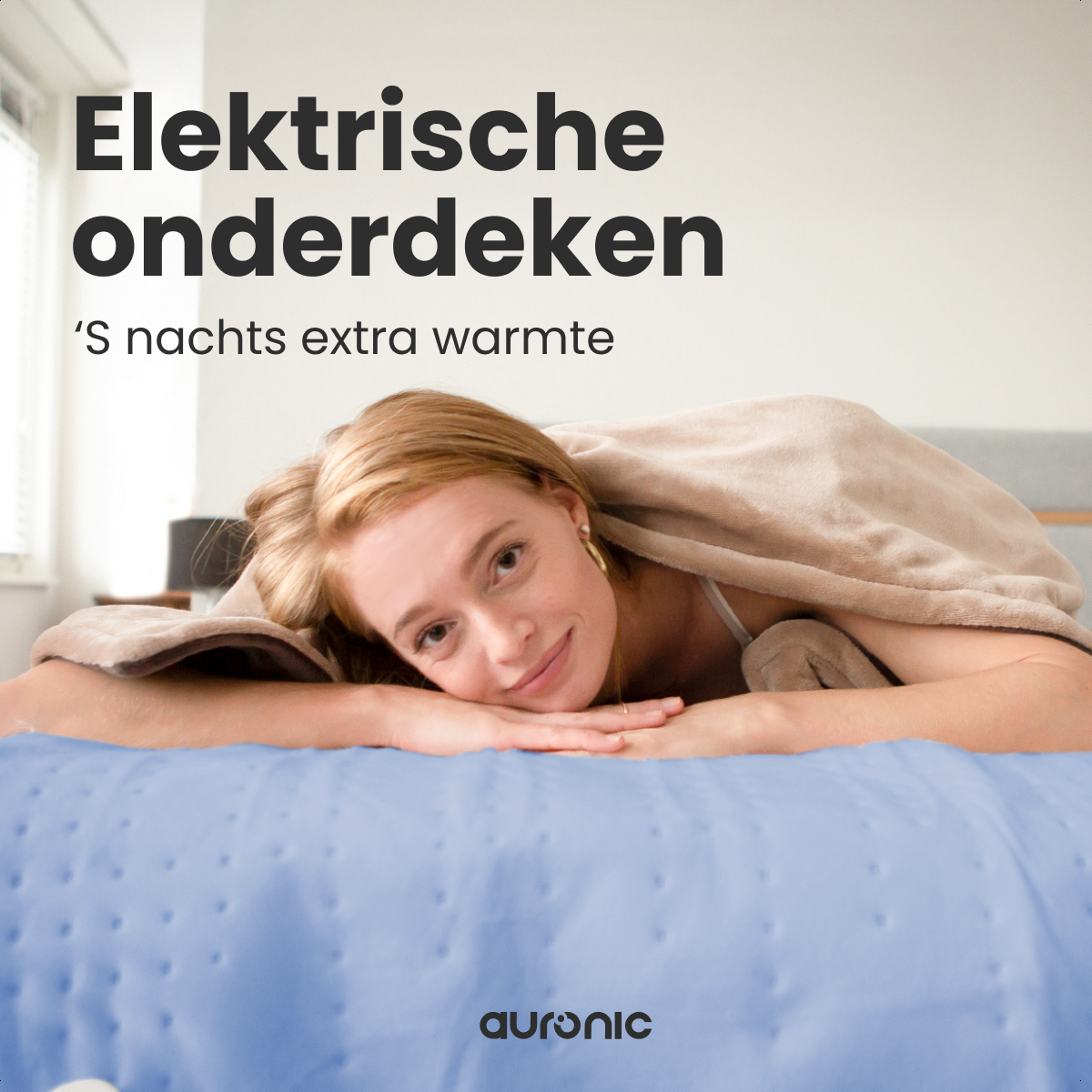 Woman lying on a bed, covered with a blanket, smiling at the camera. A blue blanket is on the bed, text at the top.