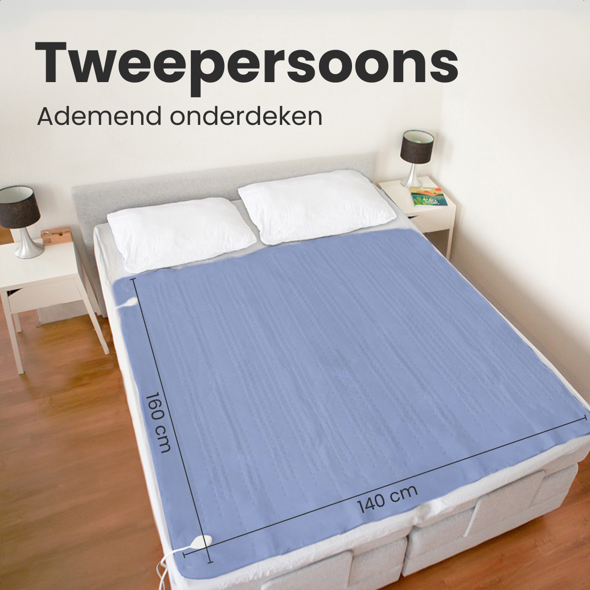 A light blue two-person mattress protector on a bed. Dimensions are 160cm x 140cm. Two pillows are visible. Nightstands on each side.
