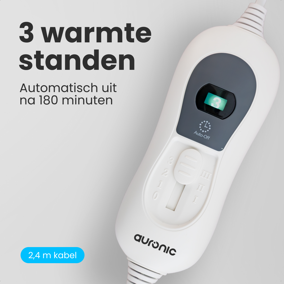 White electric blanket control with dial for heat settings. It shows '3' on the display. Text says '3 warmte standen' and '2,4 m kabel'.