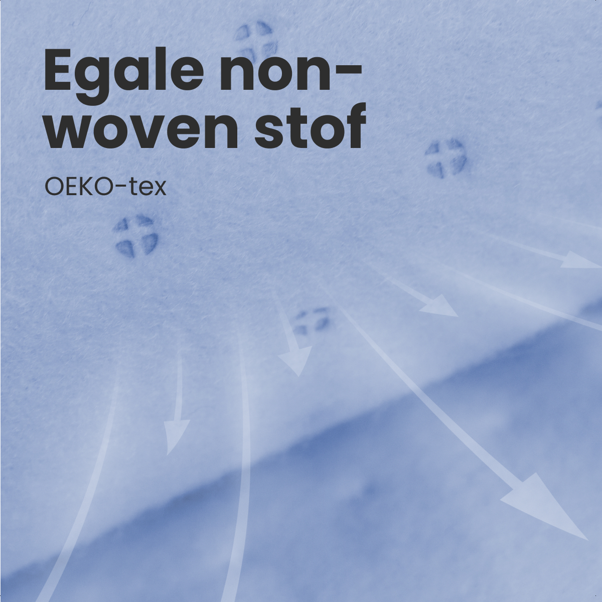 Blue background with white arrows and text 'Egal non-woven stof' and 'OEKO-tex'.