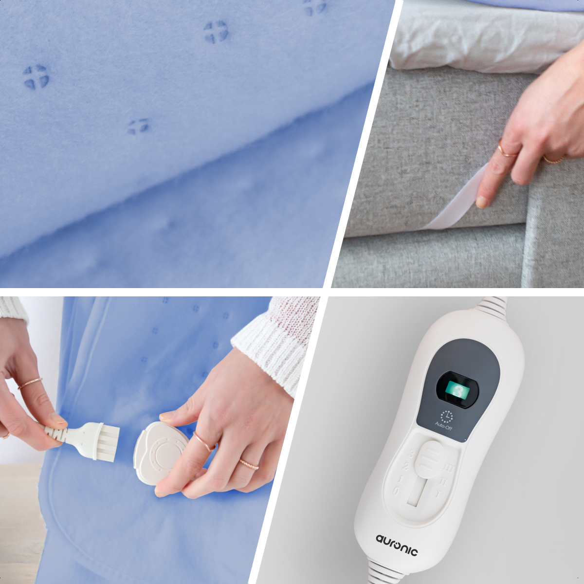 Four images showing close-ups of a blue heated blanket, connecting a cord, and a white control panel.