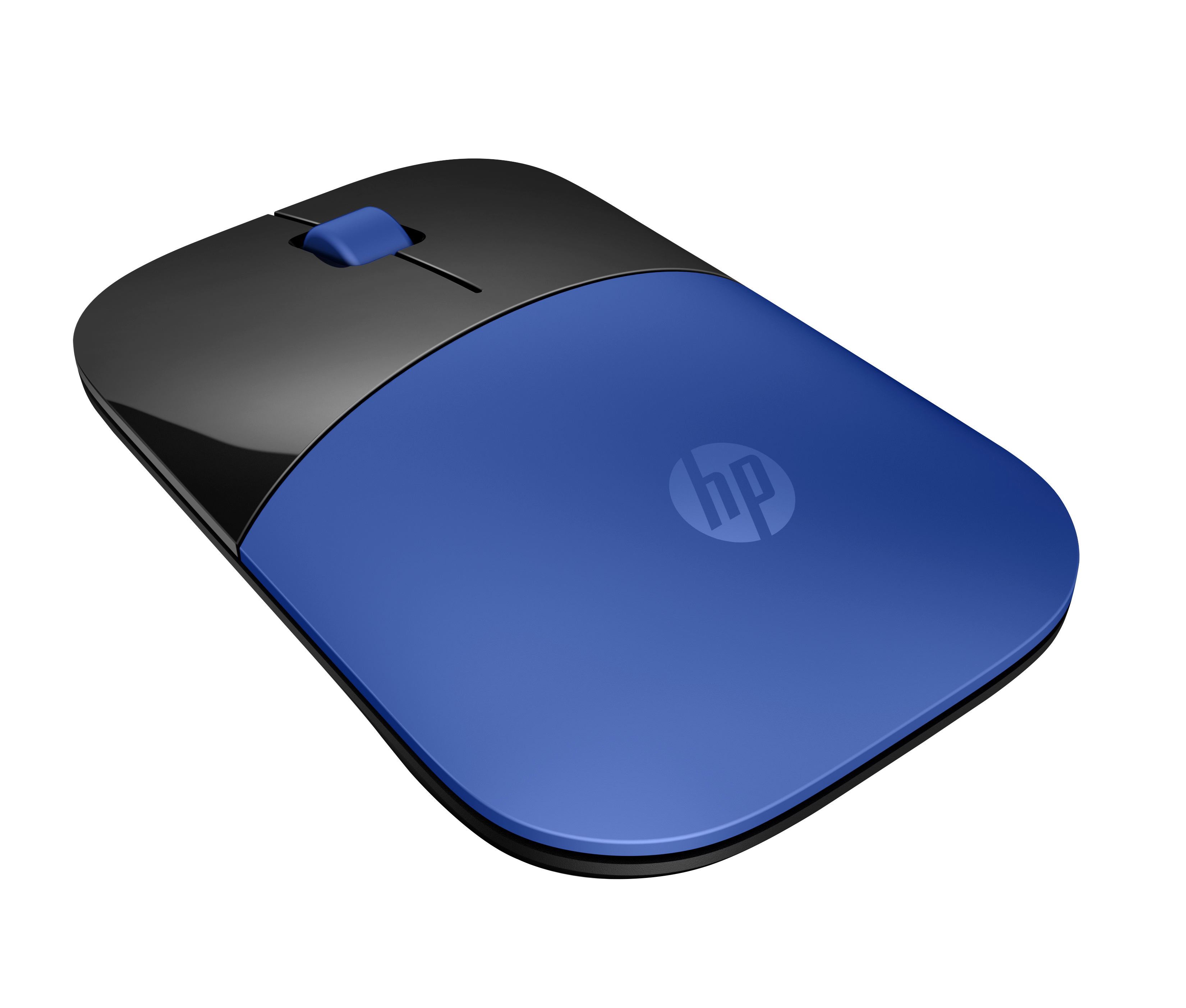Une souris sans fil HP. Elle a un dessus noir et une base bleue, avec le logo HP. Une molette de défilement est visible.