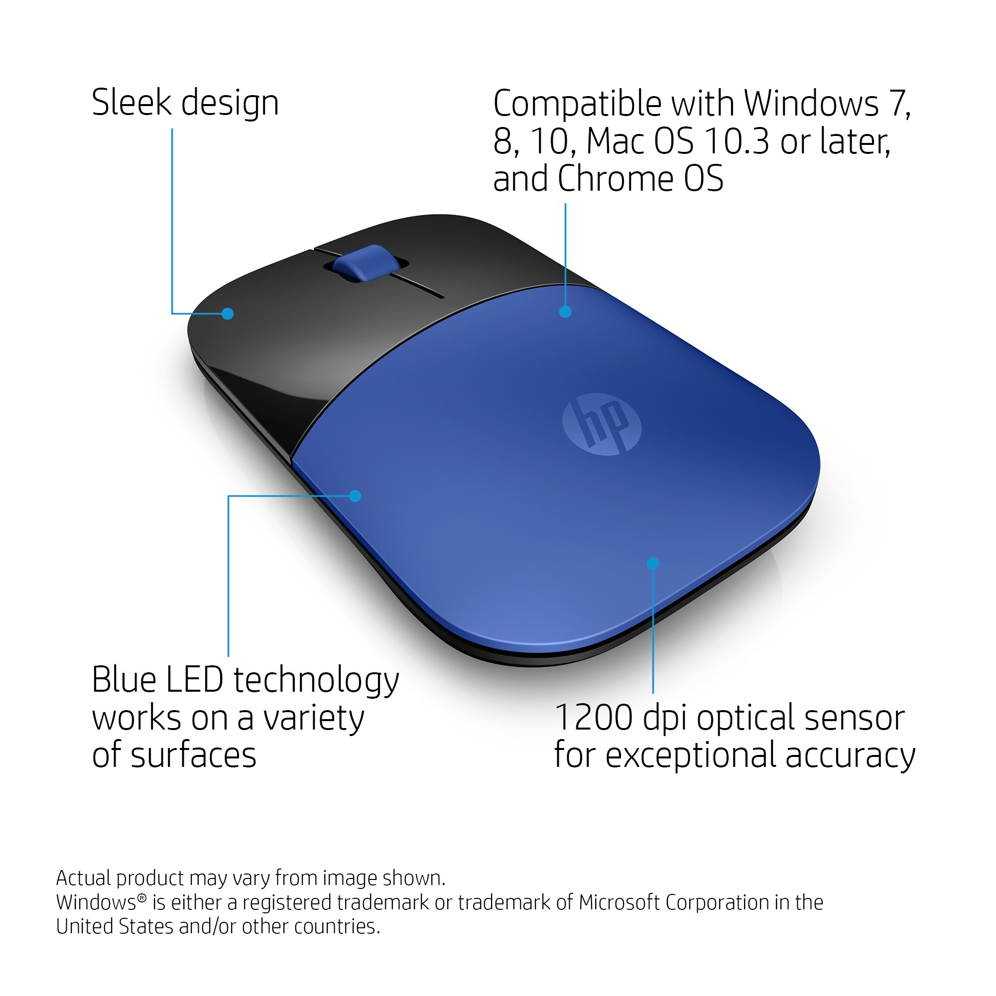 Une souris HP bleue et noire. Elle a un design élégant, la technologie LED et un capteur optique 1200 dpi.