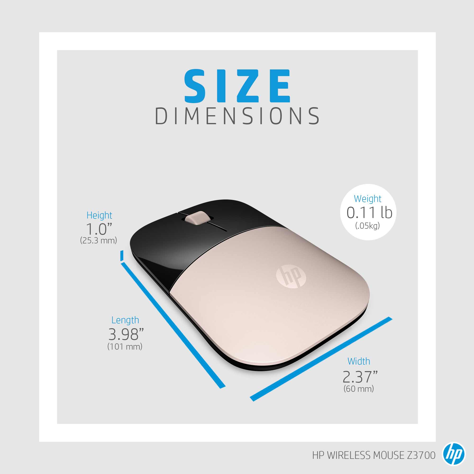 Une souris sans fil HP Z3700 avec dimensions affichées. Dessus noir, base rose et logo HP. Hauteur : 1,0", Longueur : 3,98", Largeur : 2,37".