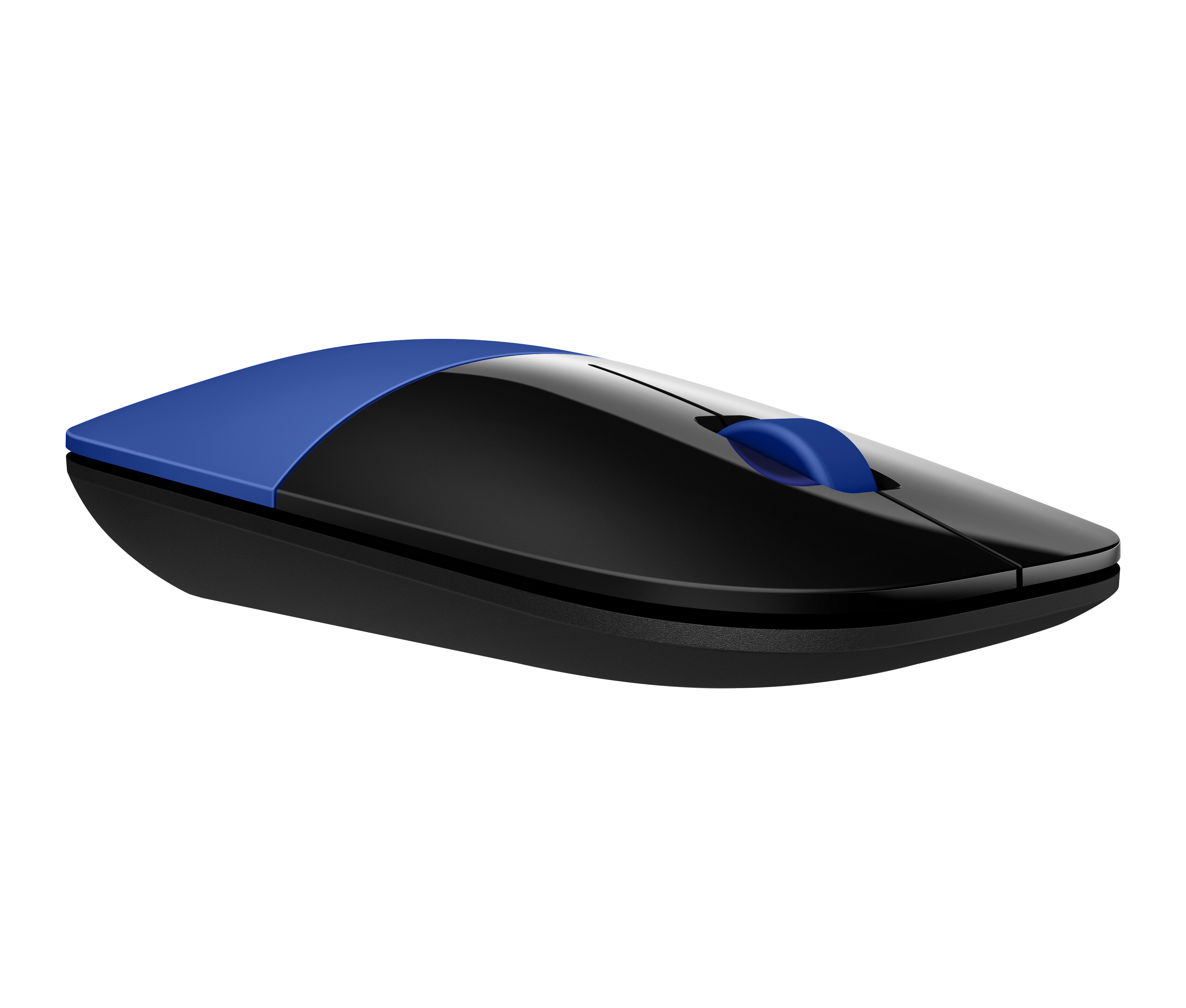 Une souris d'ordinateur sans fil. Elle est noire avec un dessus bleu et une molette bleue. Le fond est blanc.
