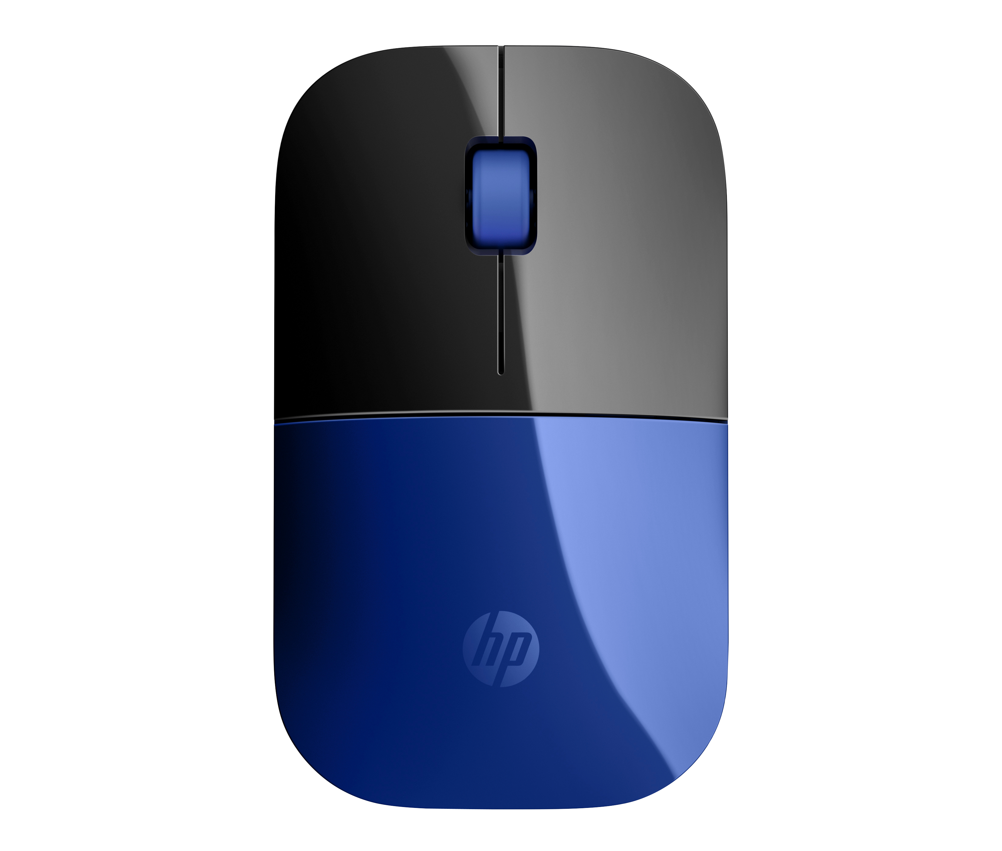 Une souris sans fil HP, noire et bleue. Elle possède une molette de défilement et le logo HP. Le fond est blanc.