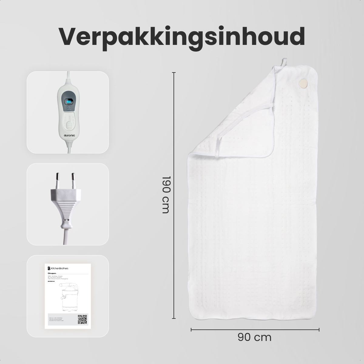 Afbeelding toont een witte verwarmingsdeken, bediening, stekker en handleiding. Afmetingen zijn 190x90 cm. De tekst 'Verpakkingsinhoud' is zichtbaar.