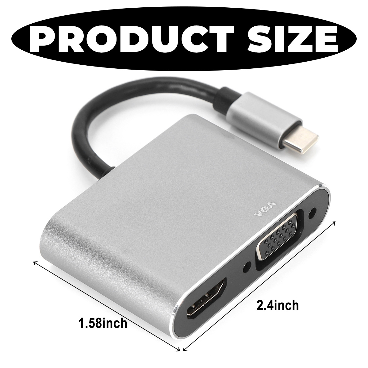 Silberner USB-C-Adapter mit VGA-, HDMI- und USB-Anschlüssen. Abmessungen: 1,58 und 2,4 Zoll. Produktgröße über dem Adapter angezeigt.