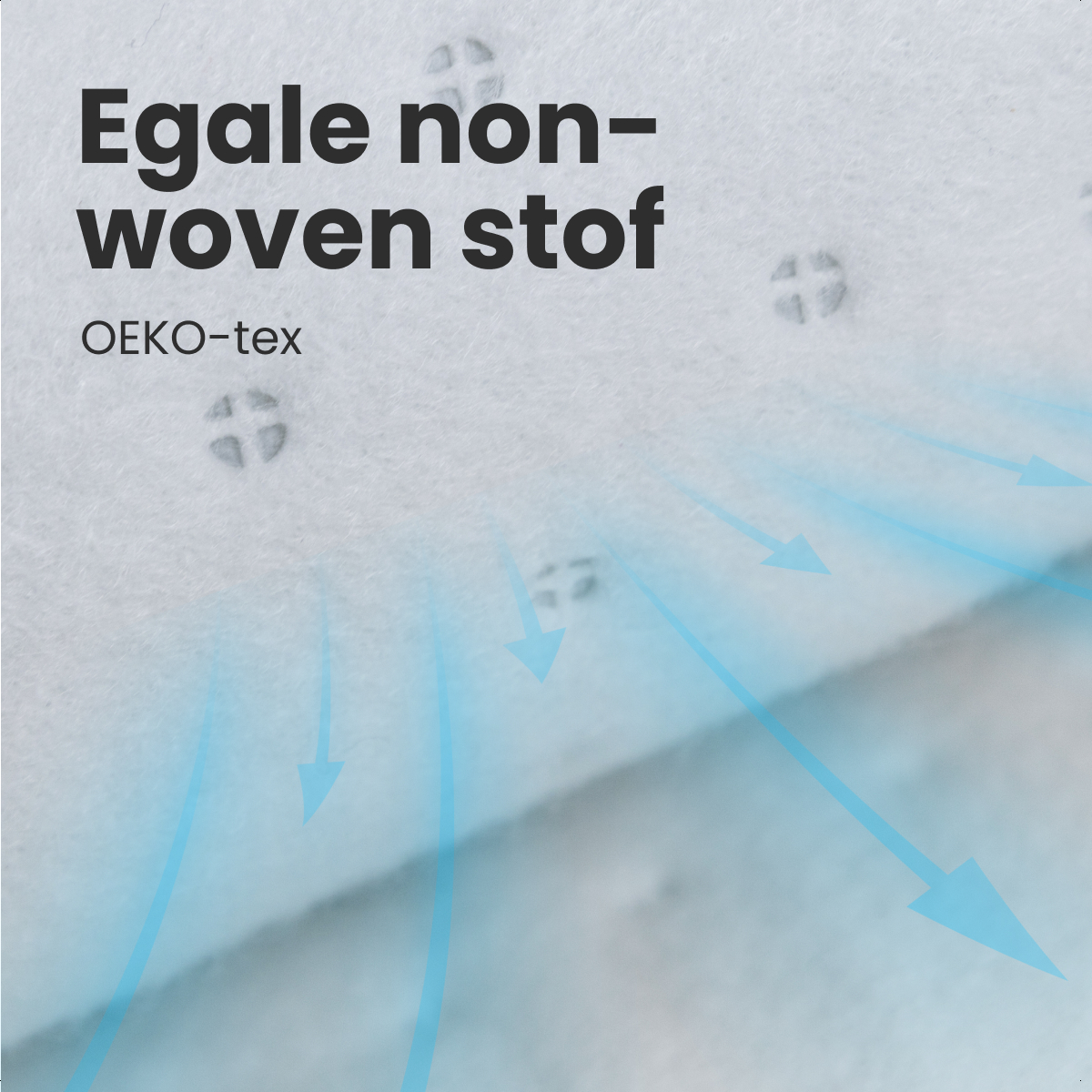 Witte non-woven stof met tekst 'Egal non-woven stof' en 'OEKO-tex'. Blauwe pijlen wijzen naar beneden. Achtergrond met kleine grijze details.