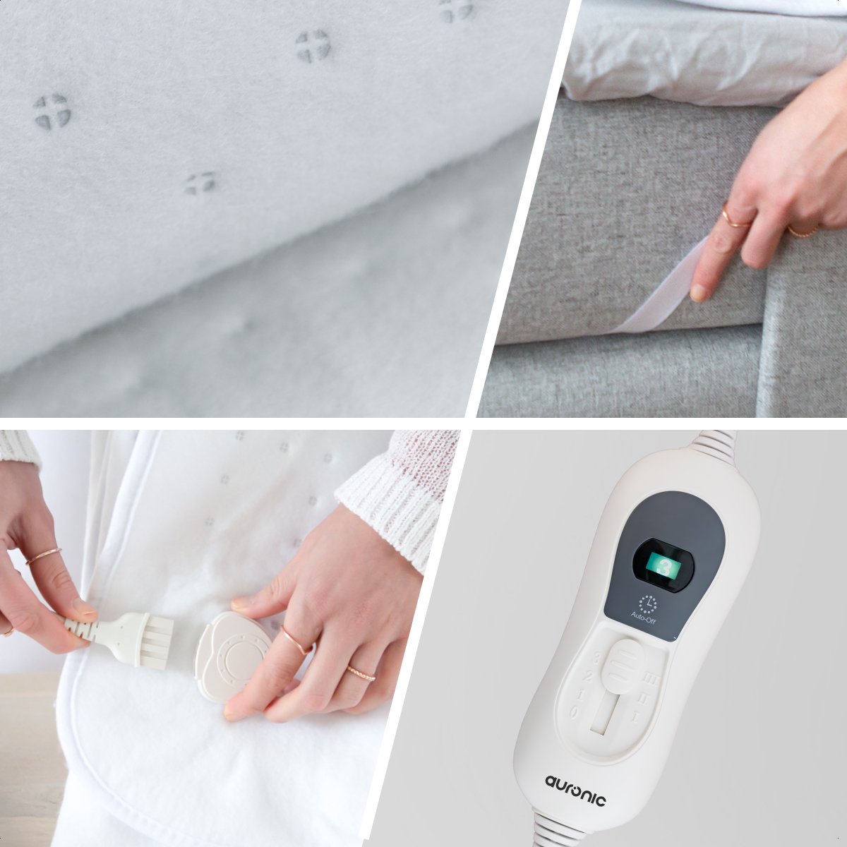 Afbeelding toont delen van een verwarmde deken: materiaal, handen die de stroomkabel aansluiten en het bedieningspaneel. Kleuren zijn wit en grijs.
