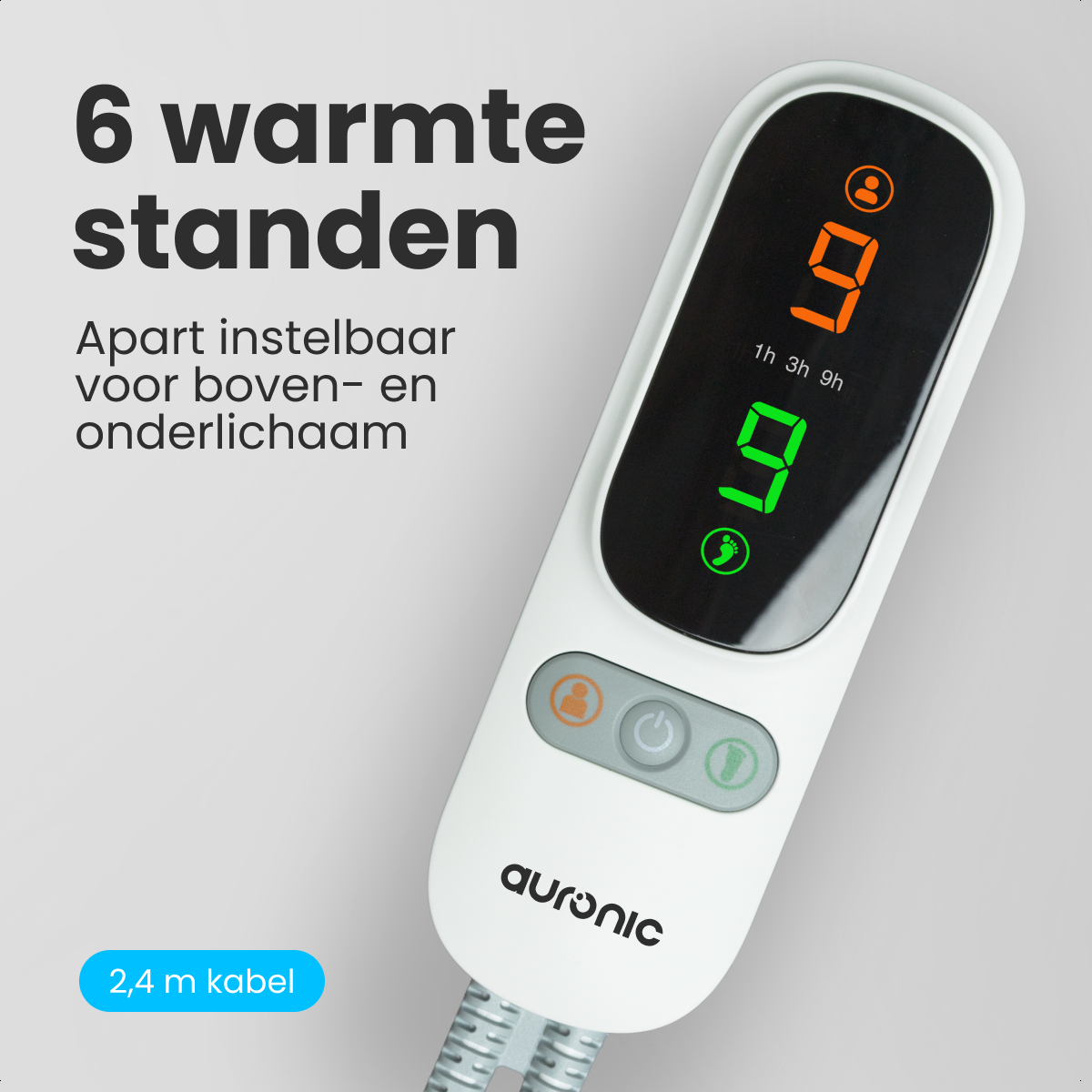 Een witte controller met een zwart display toont '9' in oranje en groen. Het product heeft 6 warmtestanden, instelbaar voor boven- en onderlichaam.