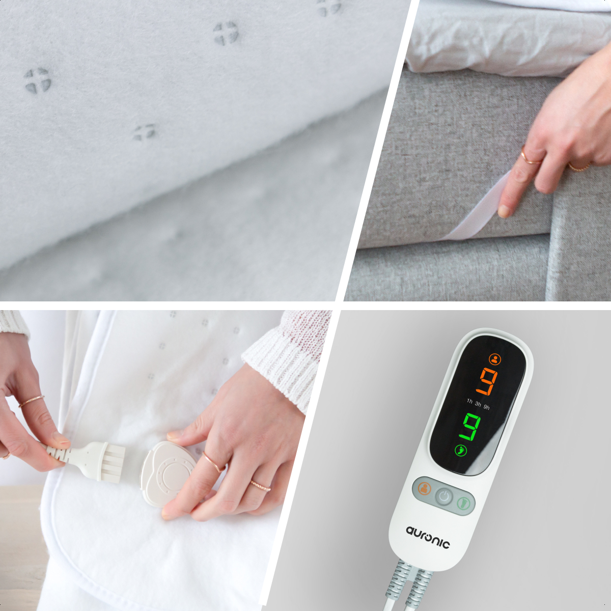 Vier afbeeldingen met details: textiel met patronen, hand met tape, hand die een kabel verbindt en een apparaatcontroller.