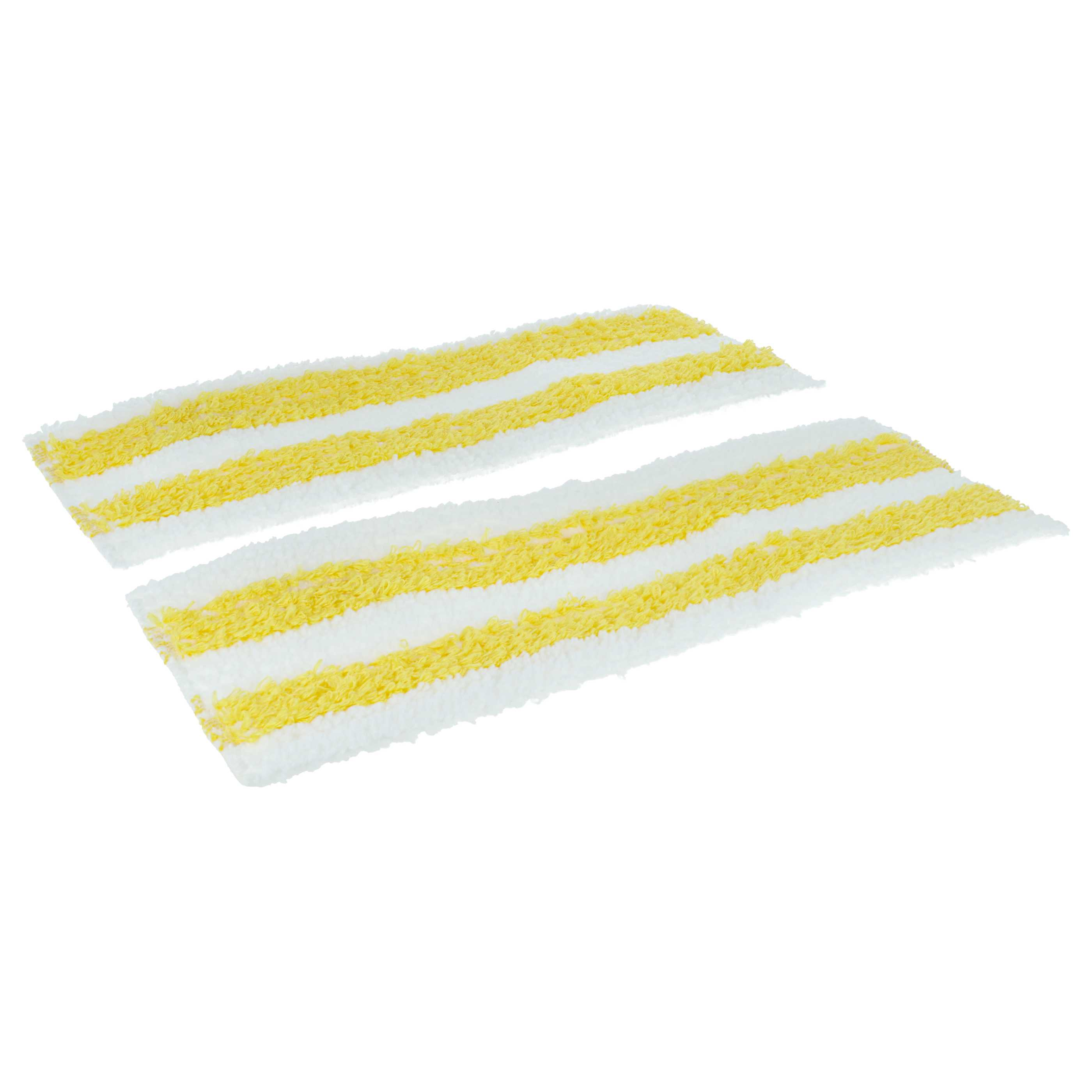 Zwei weiß-gelb gestreifte Mopppads liegen auf weißem Hintergrund. Die Pads sind flauschig und weich.