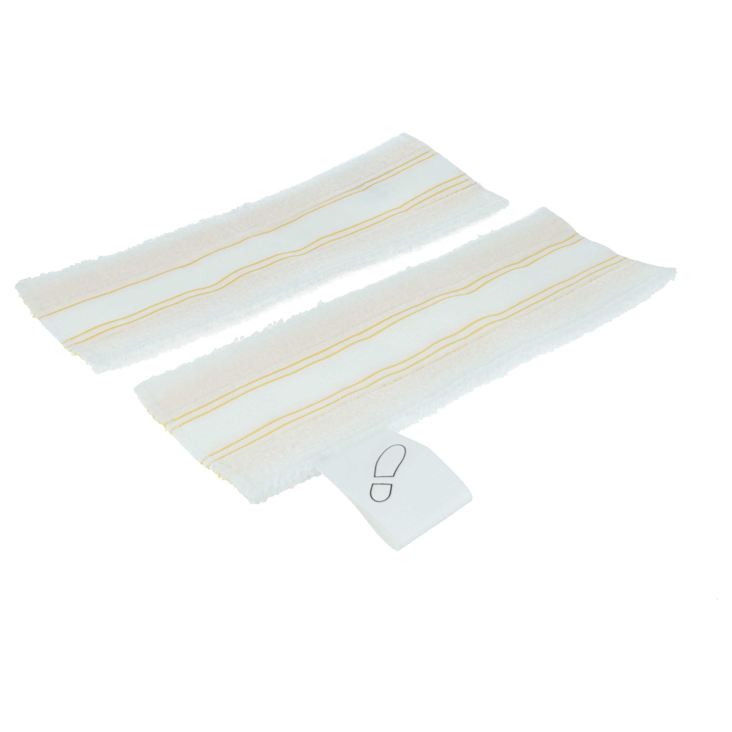 Zwei weiße rechteckige Reinigungspads mit gelben Streifen und ein Etikett mit einem Fußabdrucksymbol.