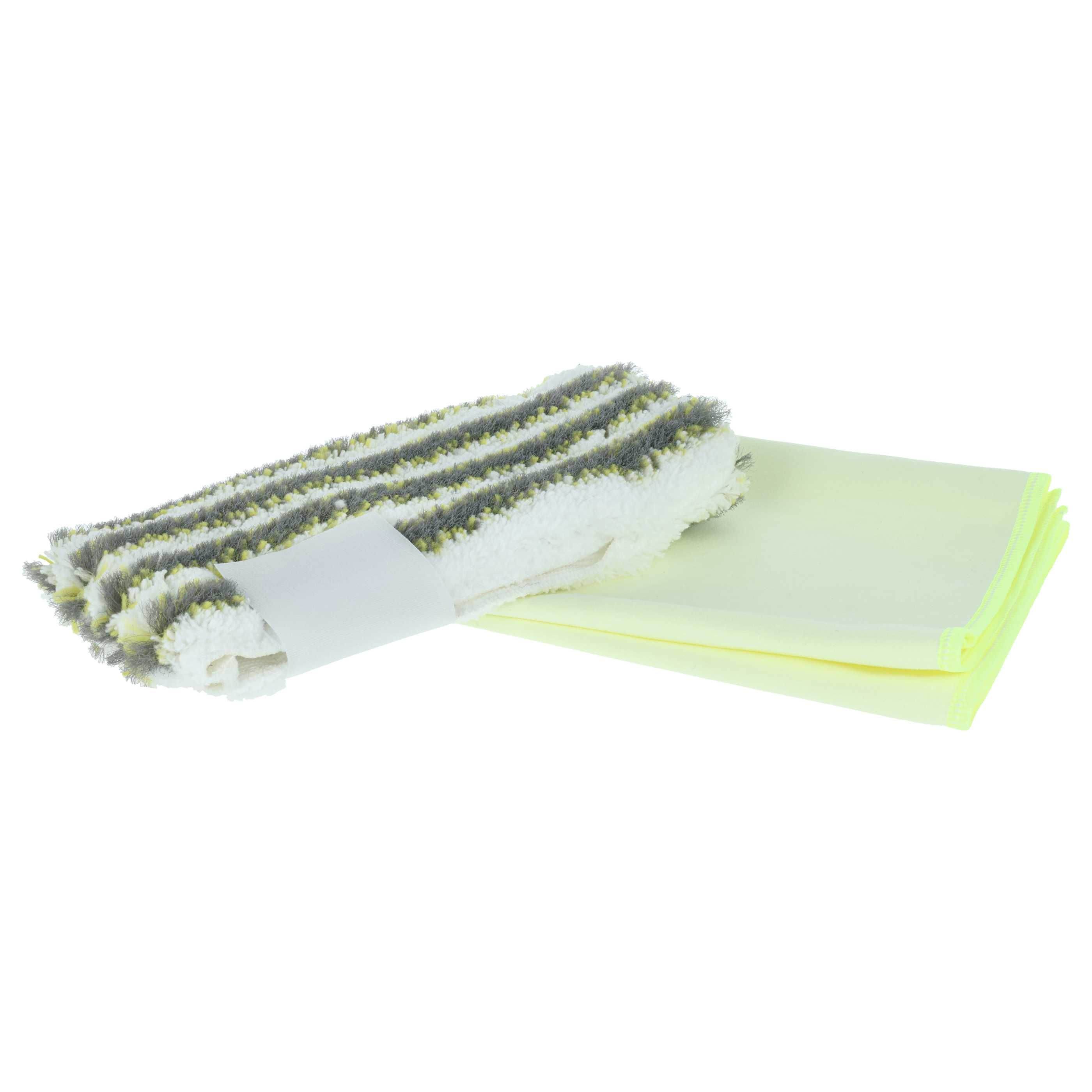 Zwei Reinigungspads. Eines ist ein weißes und grau gestreiftes Pad, das andere ist ein gelbes Pad.