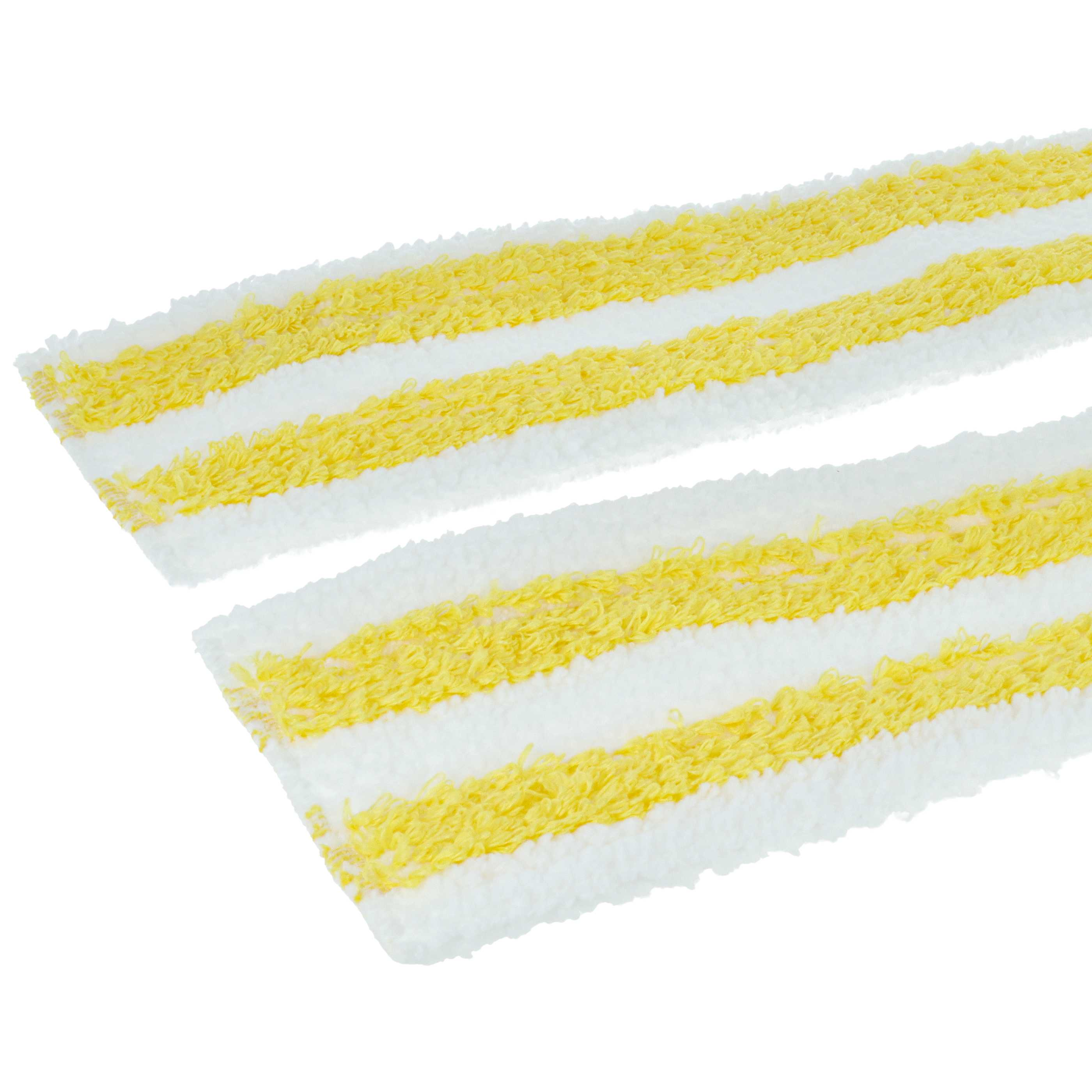 Zwei Reinigungspads mit gelben und weißen Streifen. Die Pads befinden sich auf weißem Hintergrund.
