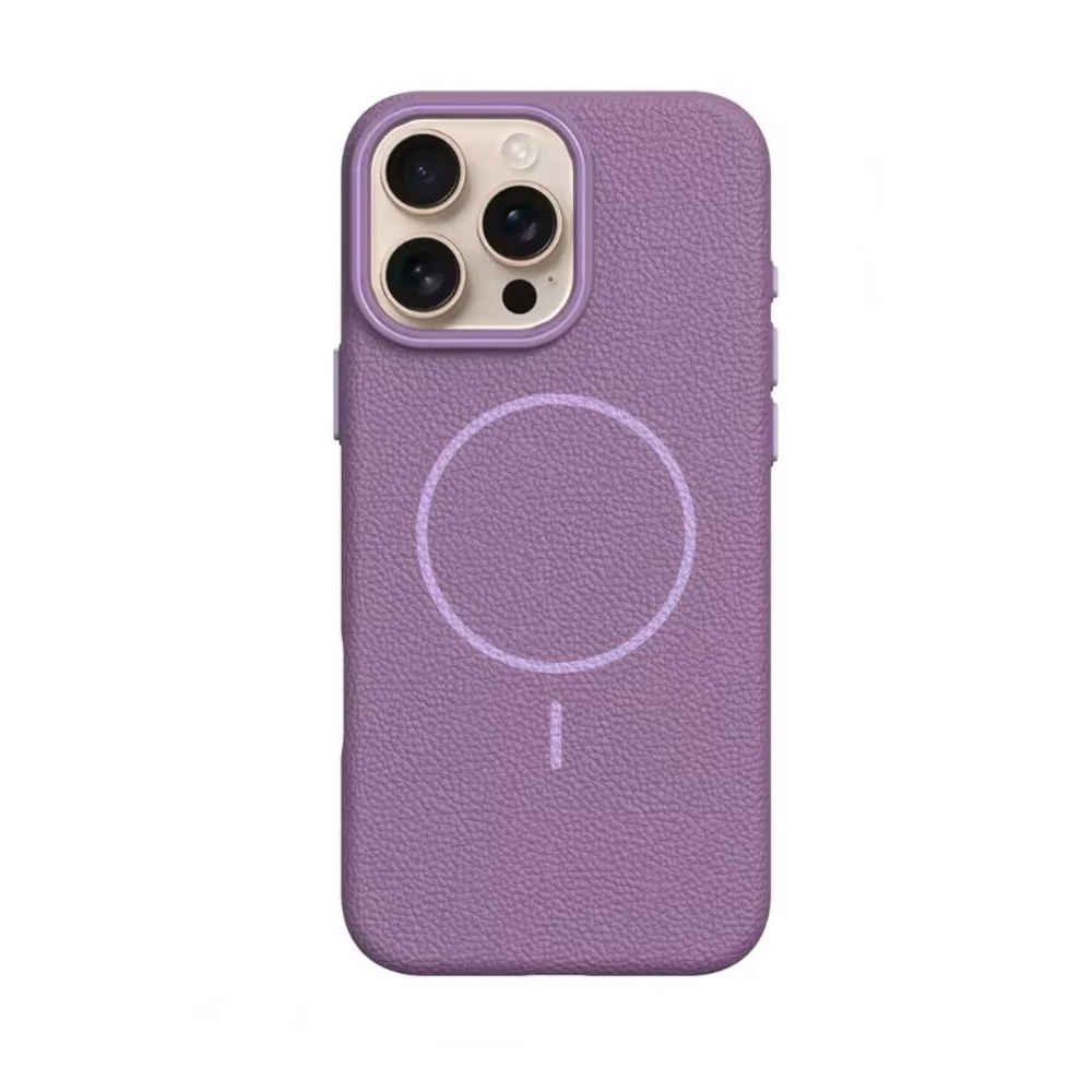 GPACK iPhone 14 Pro Uyumlu Lichee M-Safe Şarj Özellikli Deri Desen Telefon Kılıfı Mürdüm