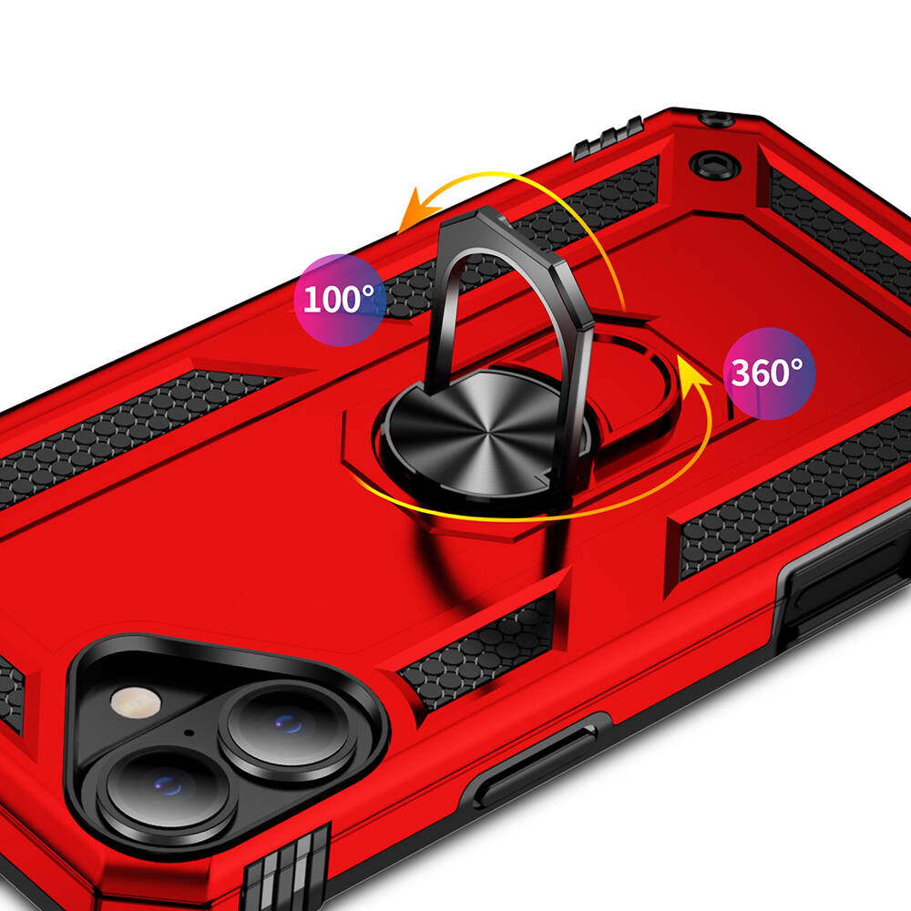 Siyah halka tutucuya sahip kırmızı bir telefon kılıfı. Oklarla 100° ve 360° dönüşü gösterir. Kılıfın kamera delikleri de var.