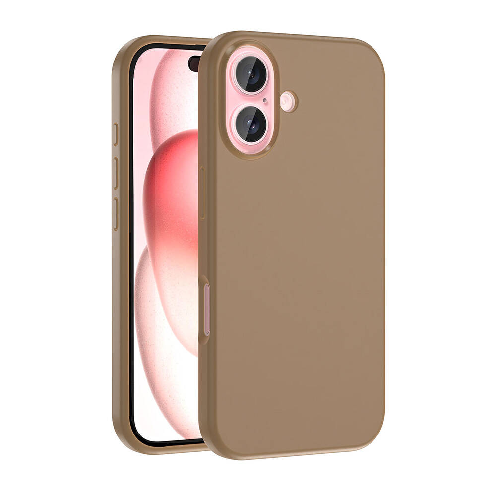 İçinde bir telefon bulunan kahverengi bir telefon kılıfı. Telefon ekranında pembe bir tasarım gösteriliyor. Kılıfın kamera oyuğu var.