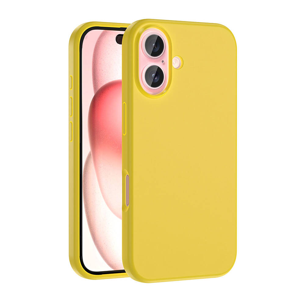 İki sarı telefon kılıfı. Biri açık ve pembe ve beyaz bulanık bir arka plana sahip bir telefon ekranı gösteriyor.