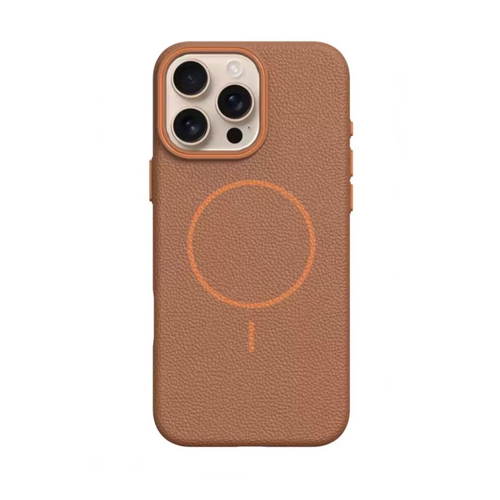 GPACK iPhone 16 Pro Max Uyumlu Lichee M-Safe Şarj Özellikli Deri Desen Telefon Kılıfı Taba