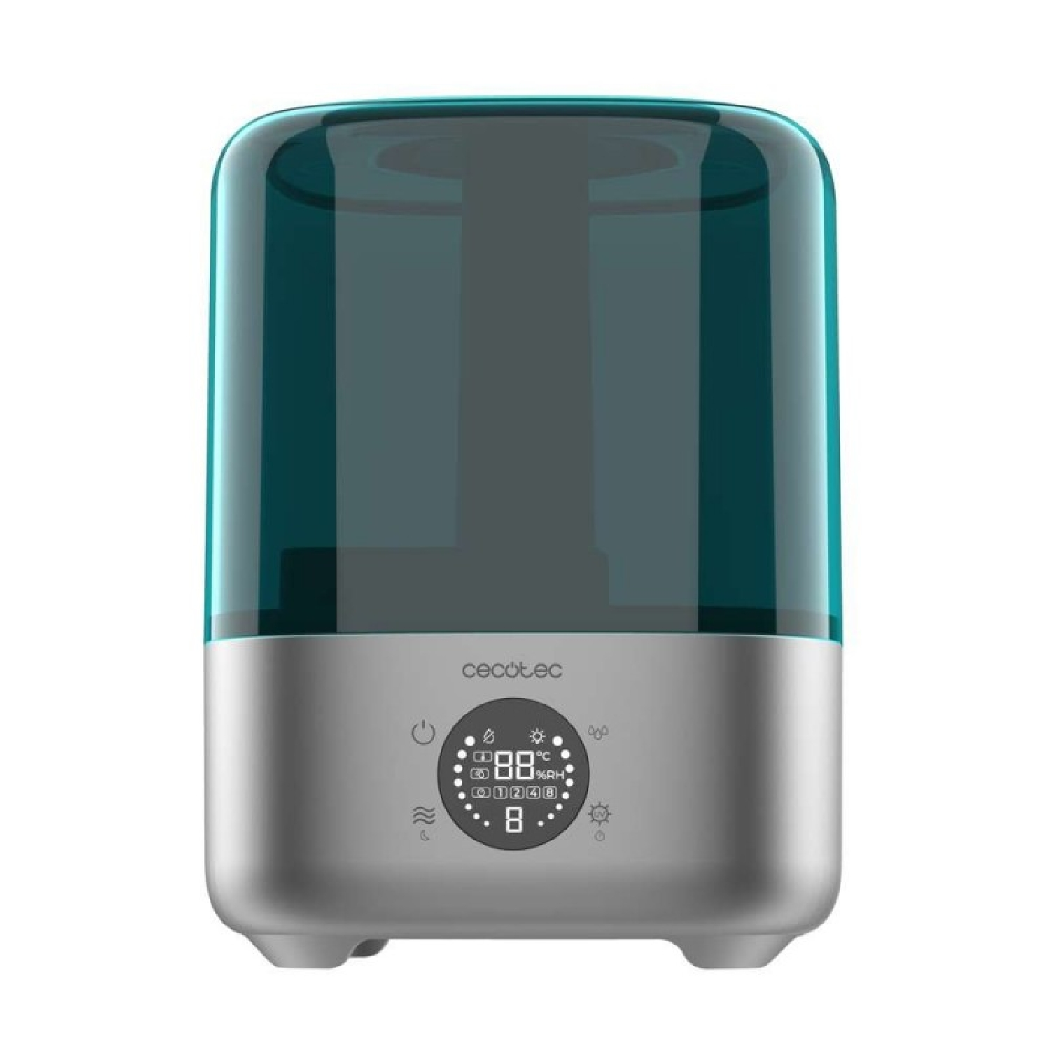 Un umidificatore con parte superiore verde acqua e base argentata. Ha un display digitale con numeri e simboli, con il marchio 'cecotec'.