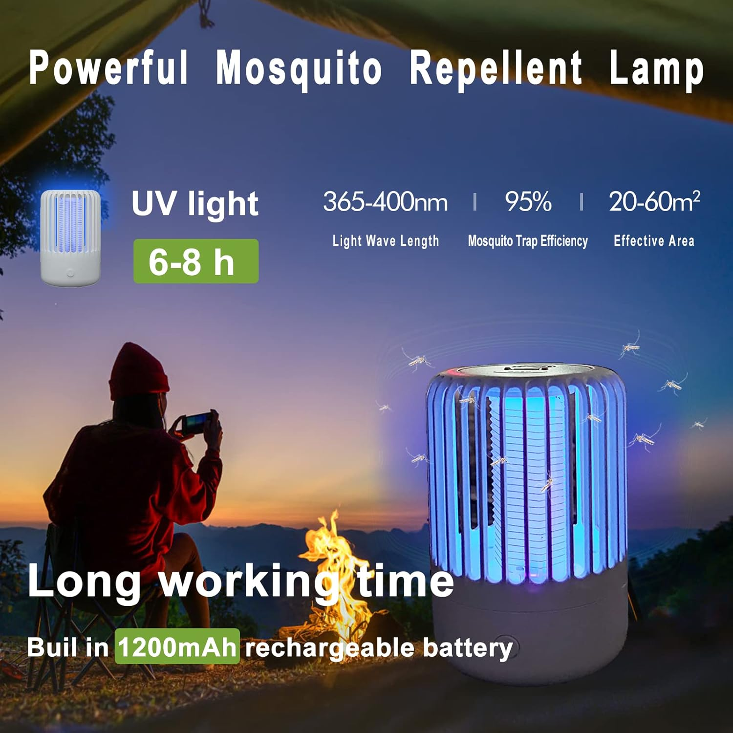 Eine Moskitolampe mit UV-Licht wird gezeigt. Eine Person sitzt am Lagerfeuer. Die Lampe hat eine lange Arbeitszeit und einen Akku.