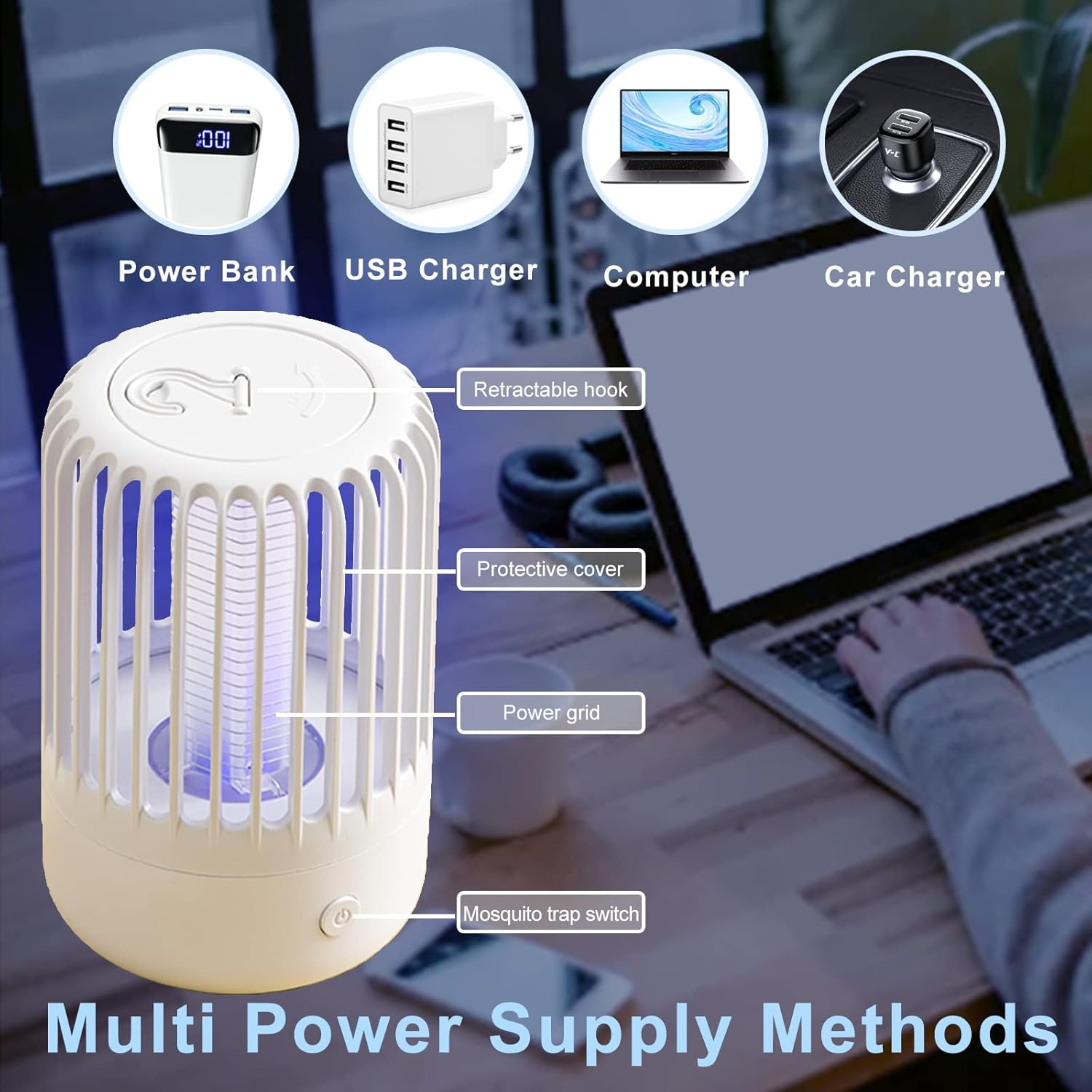 Eine Mückenfalle mit verschiedenen Stromversorgungsoptionen, darunter eine Powerbank, ein USB-Ladegerät, ein Computer und ein Autoladegerät.