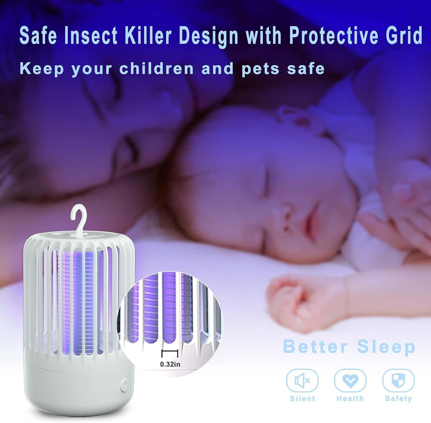 Ein Insektenvernichter neben einem schlafenden Baby und Erwachsenen. Das Produkt ist weiß mit einem violetten Licht im Inneren. Text: Sicherer Insektenvernichter.