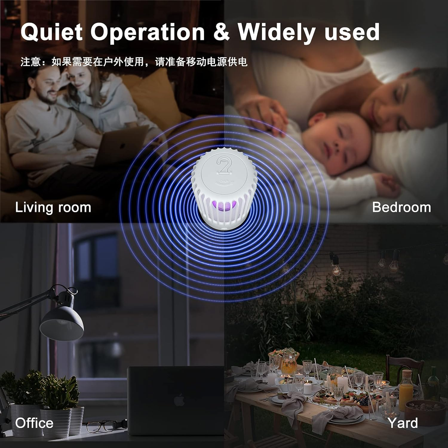 Das Bild zeigt ein Gerät in verschiedenen Umgebungen: Wohnzimmer, Schlafzimmer, Büro und Garten. Text: Leiser Betrieb & Weit verbreitet.
