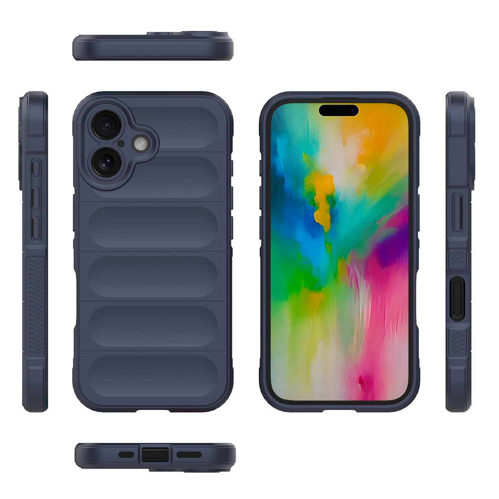 Çoklu görünümlü, koyu mavi bir telefon kılıfı. Kılıfın içinde renkli soyut sanat sergileyen bir telefon var.