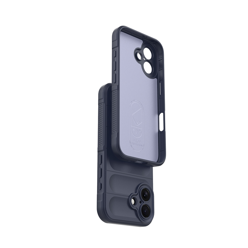Koyu mavi dış ve açık mor iç kısma sahip iki parçalı telefon kılıfı. Kılıf açıktır ve telefonun kamera alanını ortaya çıkarır.