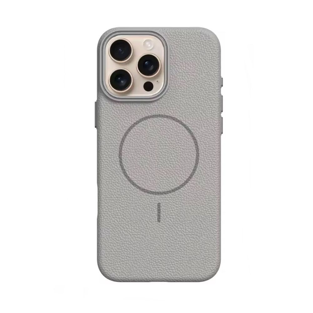 Kamera ve bir daire ile alt kısımda küçük bir çizgi bulunan gri telefon kılıfı. Kılıf dokuludur.