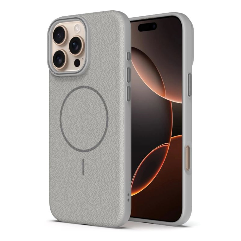 Gri bir kılıfı olan bir iPhone. Kılıfın üzerinde bir daire ve bir çizgi var. Telefonun ekranı görülebilir. Telefonda kameralar var.
