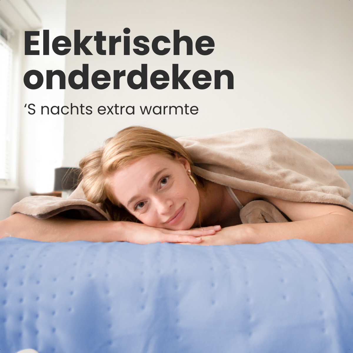 A woman lying on a blue bed cover, covered by a beige blanket. Text at the top says 'Elektrische onderdeken'.