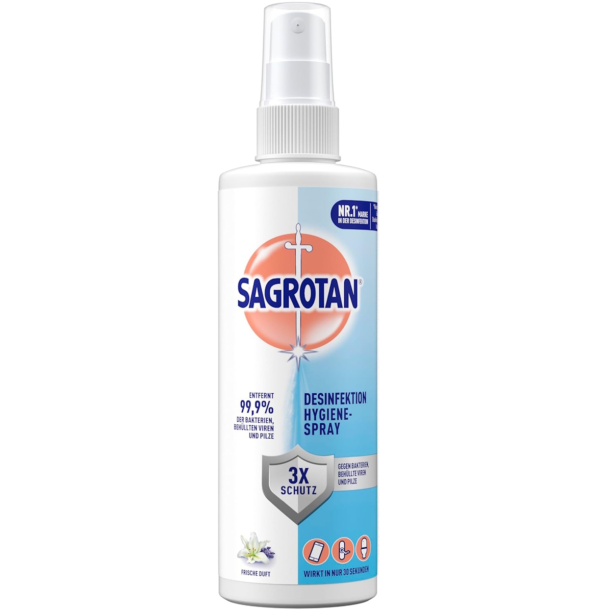 Eine Sagrotan-Desinfektionssprayflasche. Sie hat einen weißen Körper mit blauem und orangefarbenem Branding. Text zeigt, dass es 99,9 % der Keime entfernt.