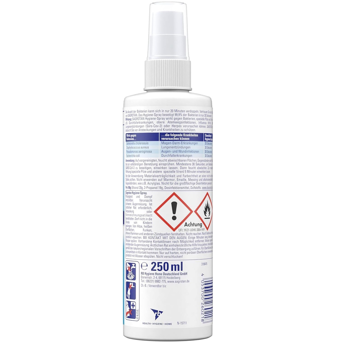 Weiße Sagrotan-Sprühflasche mit Text, Warnhinweisen und Anweisungen. Enthält 250 ml. Zeigt Gefahren und Gebrauchsanweisungen.