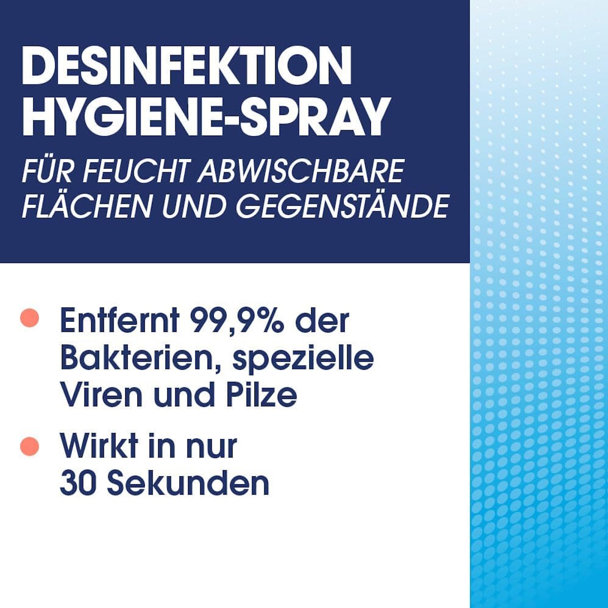 Weißer Text auf blauem Hintergrund. Es steht: DESINFEKTION HYGIENE-SPRAY und weiterer deutscher Text über die Reinigung von Oberflächen.