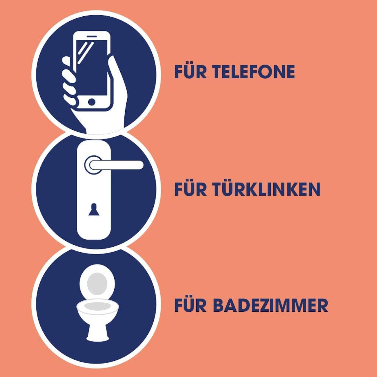 Ein orangefarbener Hintergrund mit drei blauen Kreisen. Jeder Kreis enthält ein weißes Symbol: ein Telefon, eine Türklinke und eine Toilette. Deutscher Text daneben.