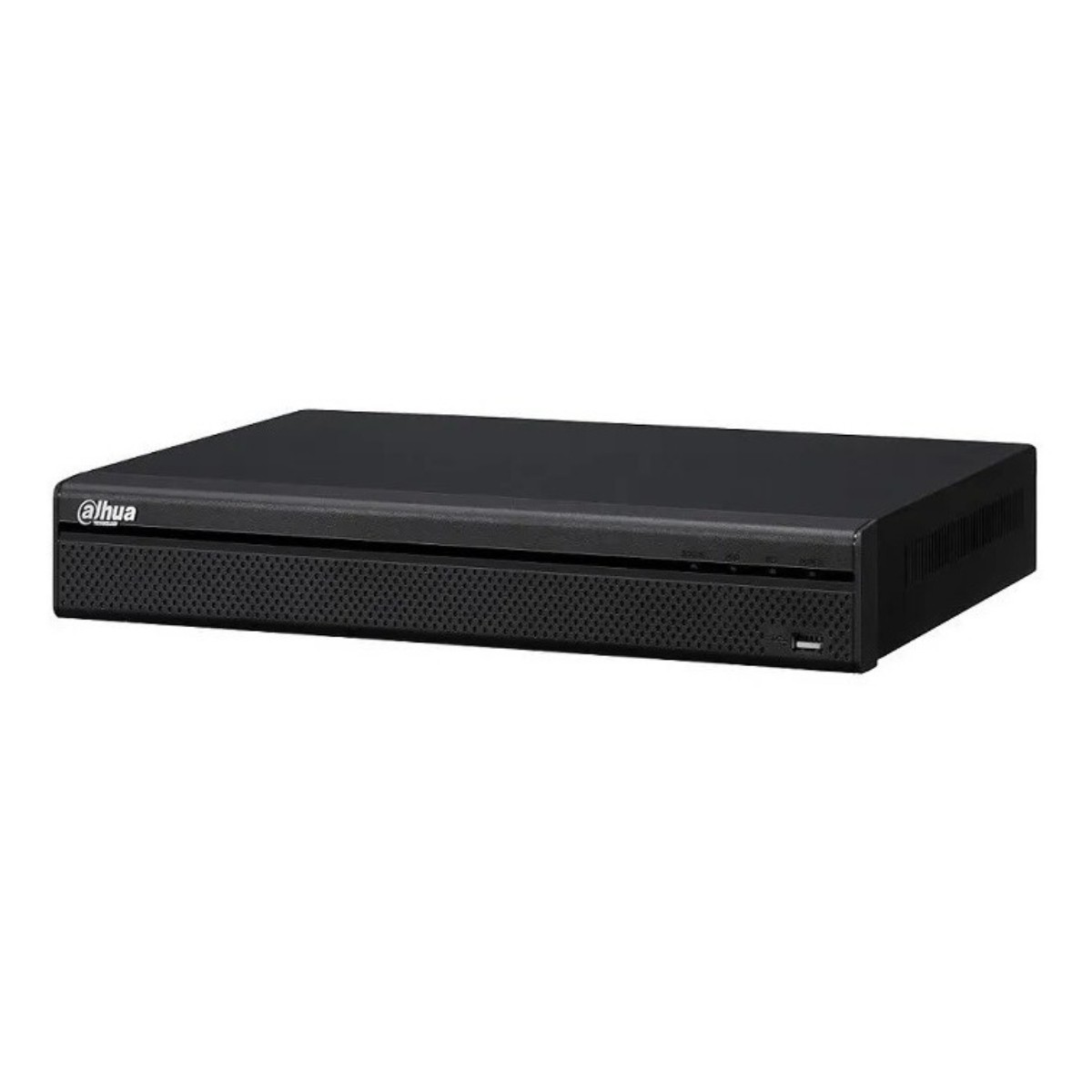 Un videoregistratore digitale (DVR) Dahua nero su sfondo bianco. Ha il logo Dahua. Una porta USB è visibile sul davanti.