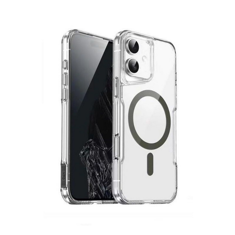 Siyah bir telefonun yanında, siyah bir daire ve eksi işareti bulunan şeffaf bir telefon kılıfı. Kılıfın şeffaf bir çerçevesi var.